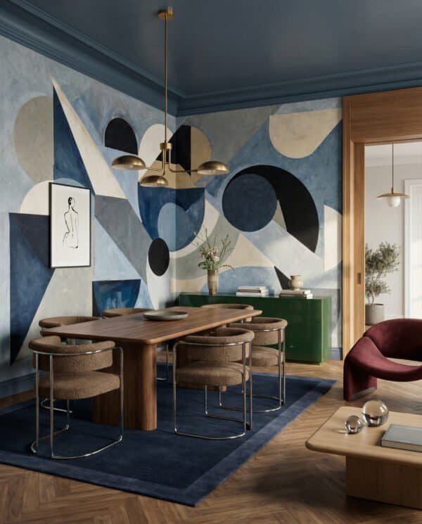 Mural ilustrado abstracto geométrico con triángulos y círculos en tonos azules y beige - Alchemyst