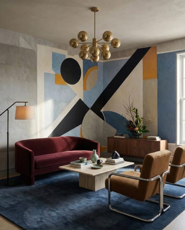 Mural ilustrado abstracto geométrico art déco con formas diagonales en tonos azules y amarillo - Alchemyst