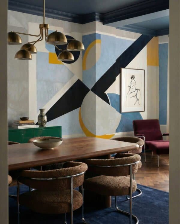 Mural ilustrado abstracto geométrico art déco con formas diagonales en tonos azules y amarillo en comedor - Alchemyst