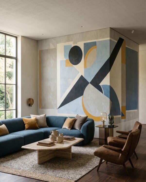 Mural ilustrado abstracto geométrico art déco con formas diagonales en tonos azules y amarillo - Alchemyst