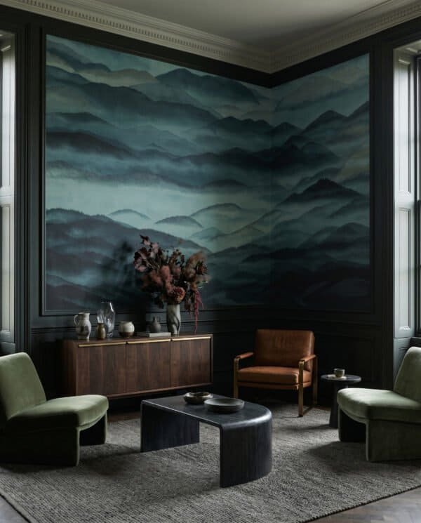 Mural ilustrado de paisaje de montañas con niebla estilo pintura oriental en tonos verde oscuro en living - Alchemyst