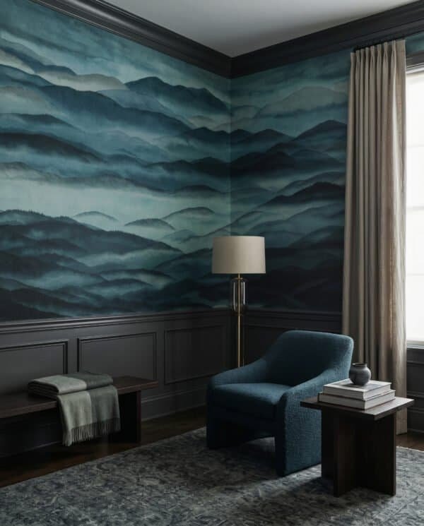 Mural ilustrado de paisaje de montañas con niebla estilo pintura oriental en tonos verde oscuro - Alchemyst