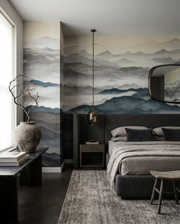 Mural ilustrado de paisaje de montañas con niebla estilo pintura oriental en tonos azules y beige - Alchemyst