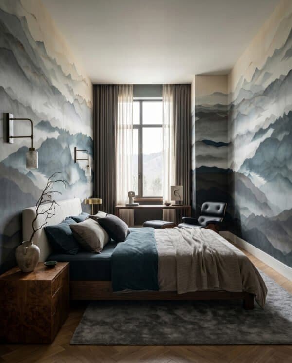 Mural ilustrado de paisaje de montañas con niebla estilo pintura oriental en tonos azules y beige - Alchemyst