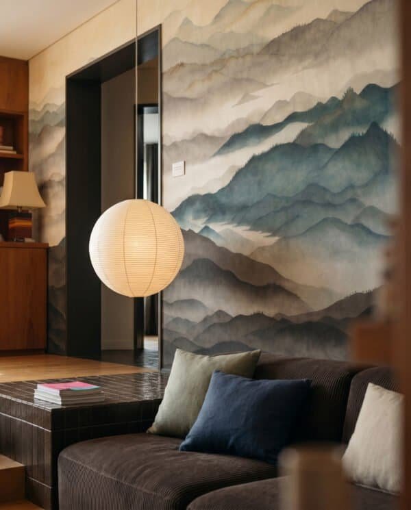 Mural ilustrado de paisaje de montañas con niebla estilo pintura oriental en tonos azules y beige en living - Alchemyst