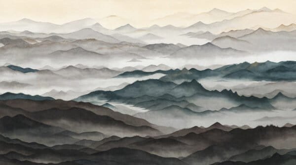 Mural ilustrado de paisaje de montañas con niebla estilo pintura oriental en tonos azules y beige - Alchemyst