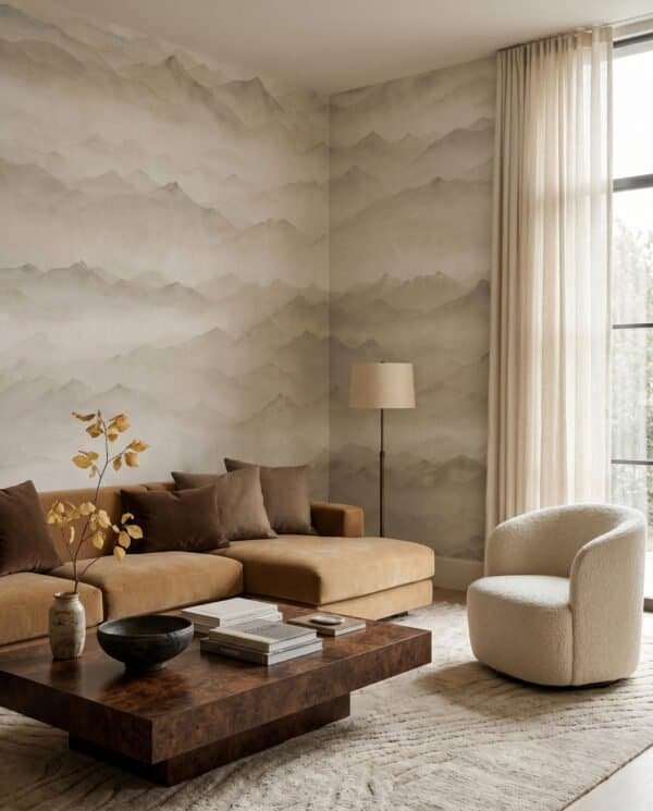 Mural ilustrado de paisaje de montañas con niebla estilo pintura oriental en tonos beige y grises - Alchemyst