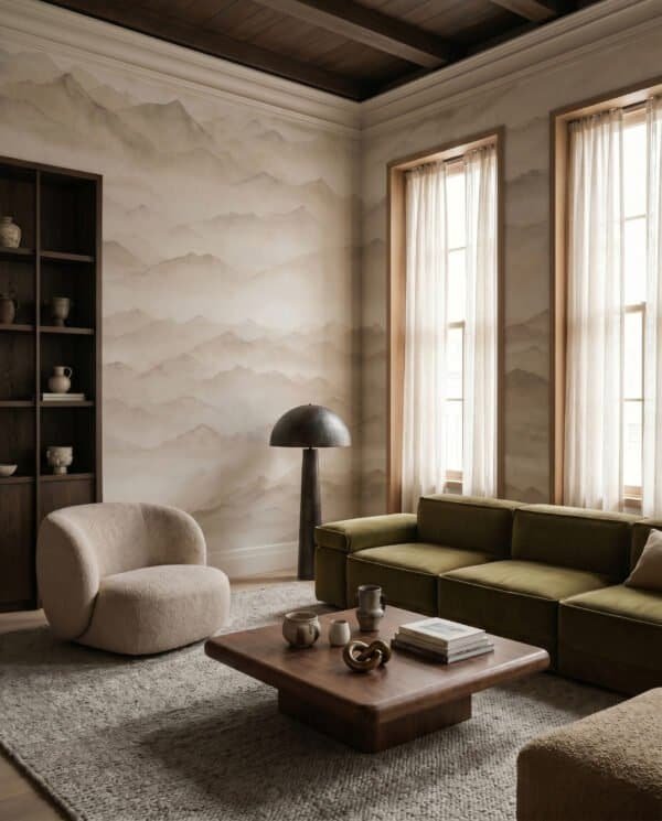 Mural ilustrado de paisaje de montañas con niebla estilo pintura oriental en tonos beige y grises - Alchemyst