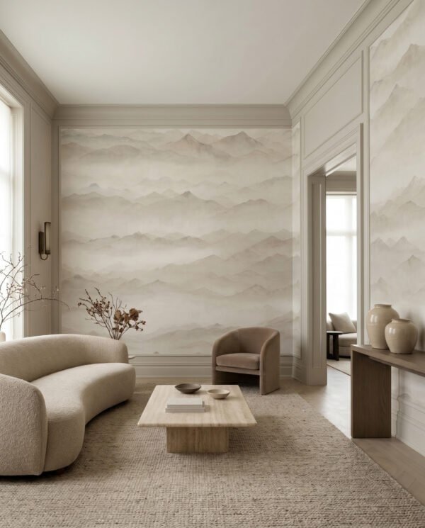 Mural ilustrado de paisaje de montañas con niebla estilo pintura oriental en tonos beige y grises - Alchemyst