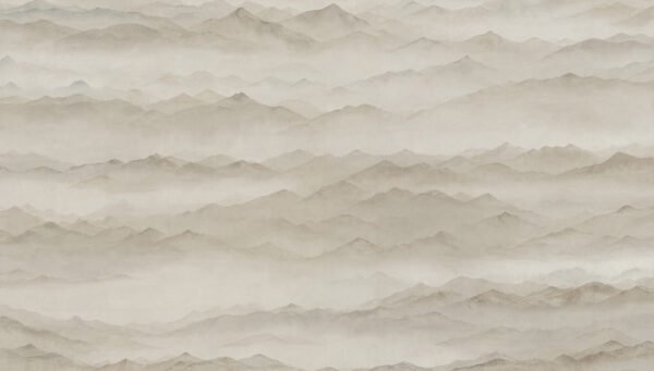 Mural ilustrado de paisaje de montañas con niebla estilo pintura oriental en tonos beige y grises - Alchemyst