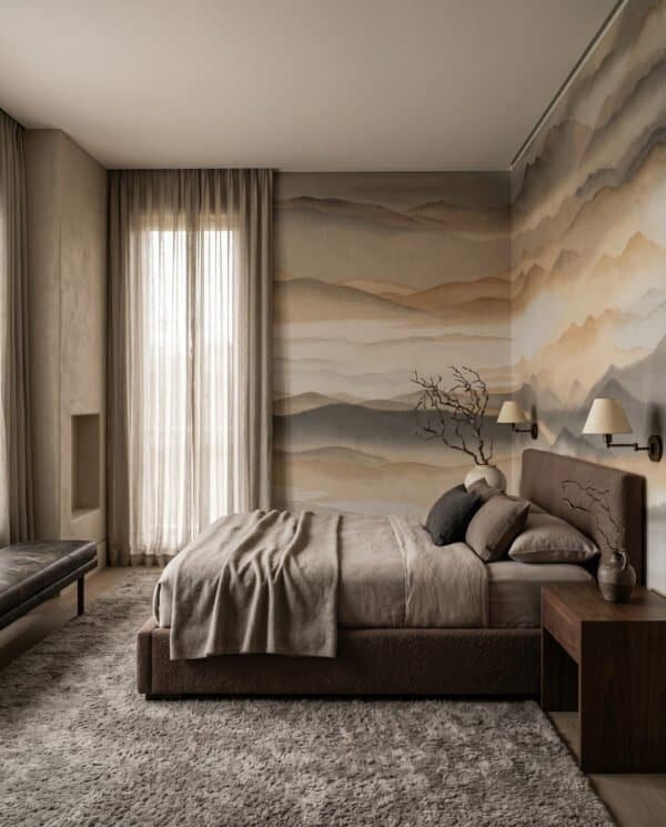 Mural ilustrado de paisaje de montañas con niebla estilo pintura oriental en tonos terracota y dorados - Alchemyst
