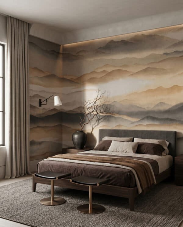 Mural ilustrado de paisaje de montañas con niebla estilo pintura oriental en tonos terracota y dorados - Alchemyst