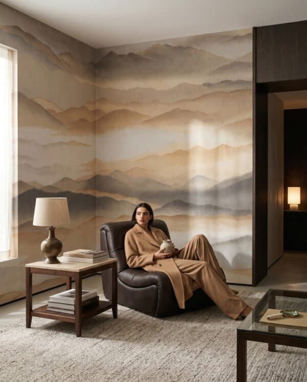 Mural ilustrado de paisaje de montañas con niebla estilo pintura oriental en tonos terracota y dorados - Alchemyst