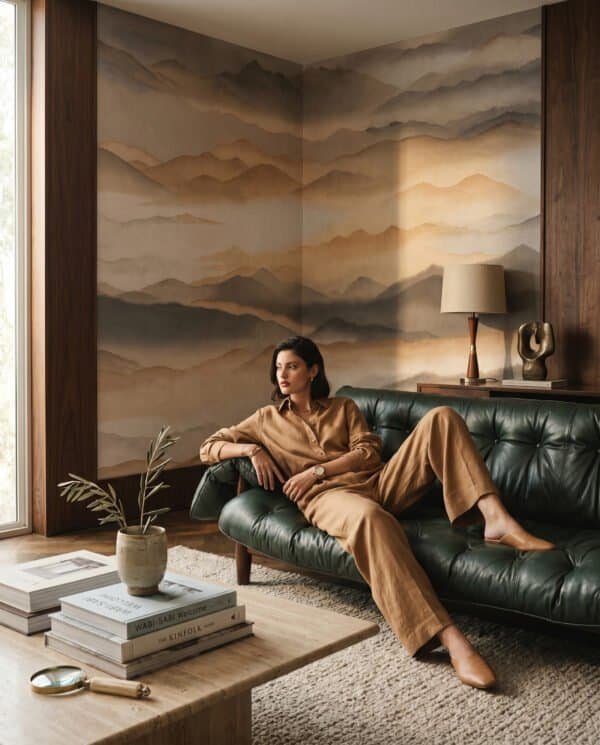 Mural ilustrado de paisaje de montañas con niebla estilo pintura oriental en tonos terracota y dorados - Alchemyst