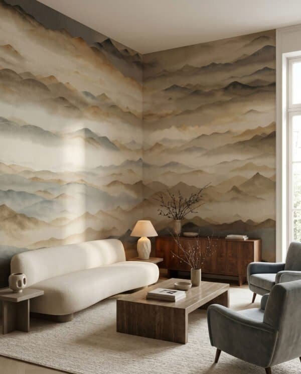 Mural ilustrado de paisaje de montañas con niebla estilo pintura oriental en tonos grises y dorados en living - Alchemyst