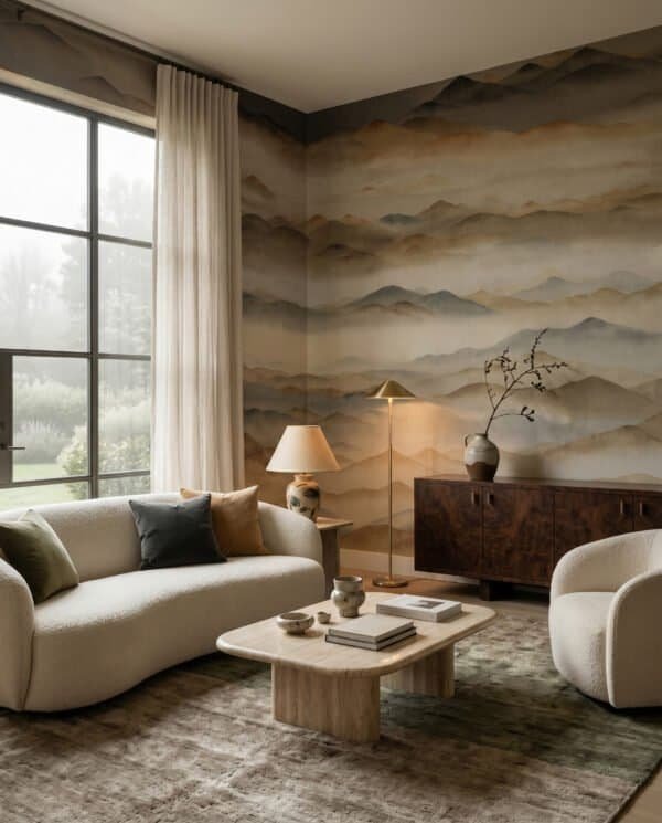Mural ilustrado de paisaje de montañas con niebla estilo pintura oriental en tonos grises y dorados - Alchemyst