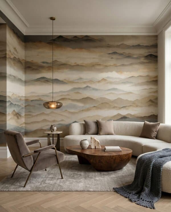 Mural ilustrado de paisaje de montañas con niebla estilo pintura oriental en tonos grises y dorados - Alchemyst