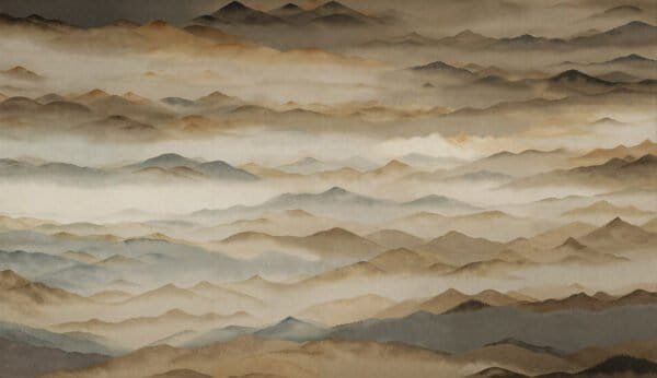 Mural ilustrado de paisaje de montañas con niebla estilo pintura oriental en tonos grises y dorados - Alchemyst