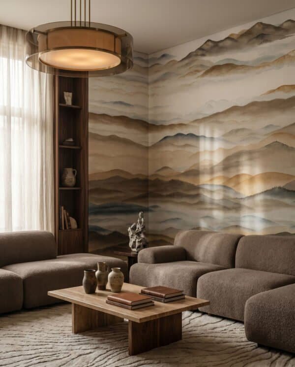 Mural ilustrado de paisaje de montañas con niebla estilo pintura oriental en tonos dorados y sepia - Alchemyst