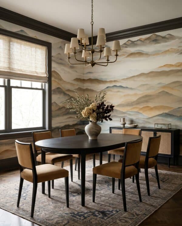 Mural ilustrado de paisaje de montañas con niebla estilo pintura oriental en tonos dorados y sepia - Alchemyst