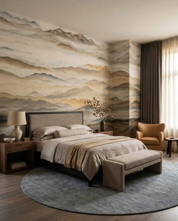 Mural ilustrado de paisaje de montañas con niebla estilo pintura oriental en tonos dorados y sepia - Alchemyst