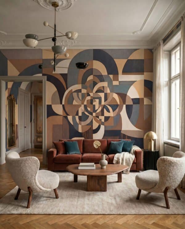 Mural ilustrado abstracto geométrico tipo mandala con formas curvas en tonos beige y azul marino - Alchemyst