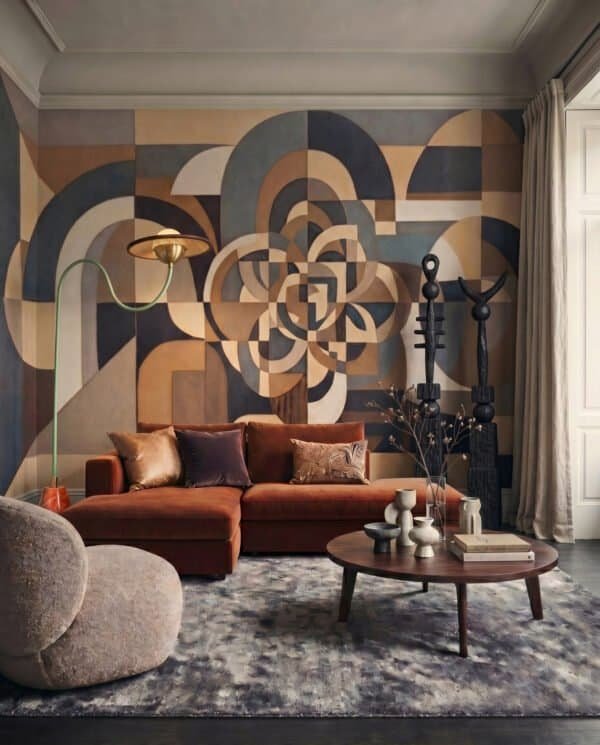 Mural ilustrado abstracto geométrico tipo mandala con formas curvas en tonos beige y azul marino - Alchemyst