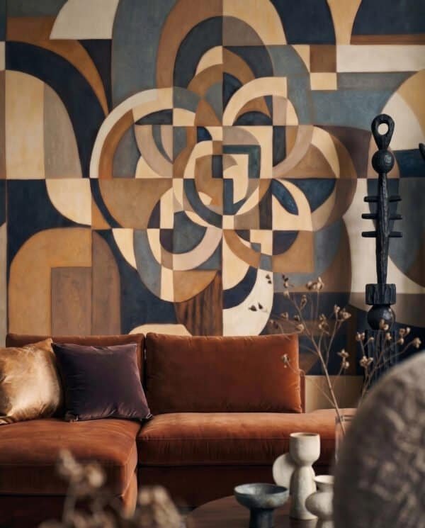Mural ilustrado abstracto geométrico tipo mandala con formas curvas en tonos beige y azul marino en living - Alchemyst