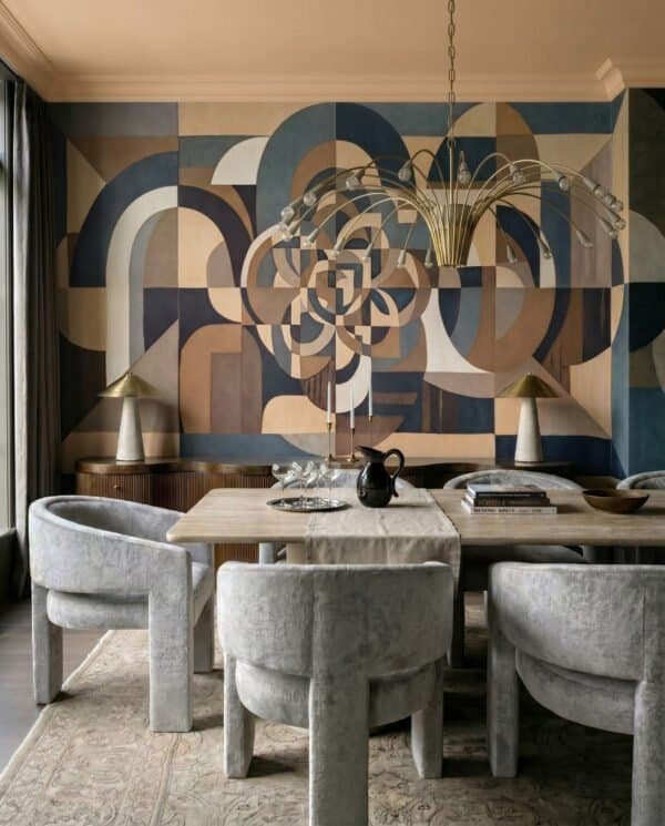 Mural ilustrado abstracto geométrico tipo mandala con formas curvas en tonos beige y azul marino - Alchemyst