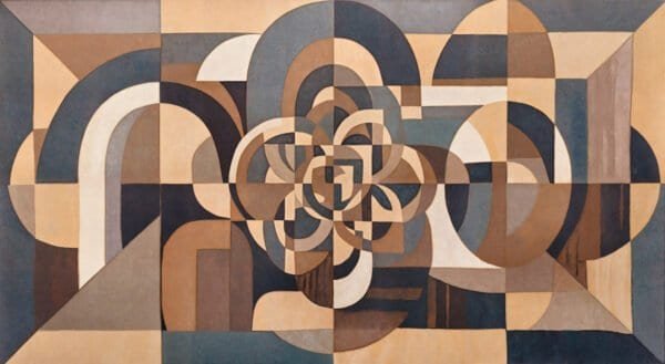 Mural ilustrado abstracto geométrico tipo mandala con formas curvas en tonos beige y azul marino - Alchemyst