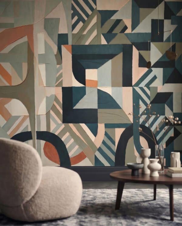 Mural ilustrado abstracto geométrico con líneas, arcos y triángulos en tonos verdes, azules y terracota en living - Alchemyst