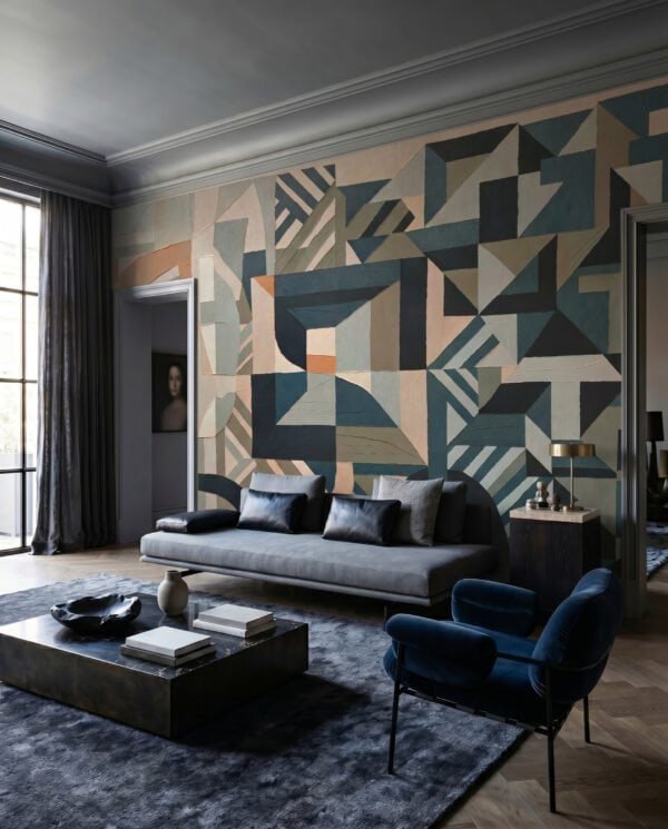 Mural ilustrado abstracto geométrico con líneas, arcos y triángulos en tonos verdes, azules y terracota - Alchemyst