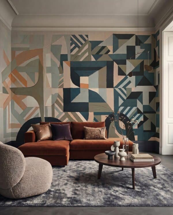 Mural ilustrado abstracto geométrico con líneas, arcos y triángulos en tonos verdes, azules y terracota - Alchemyst
