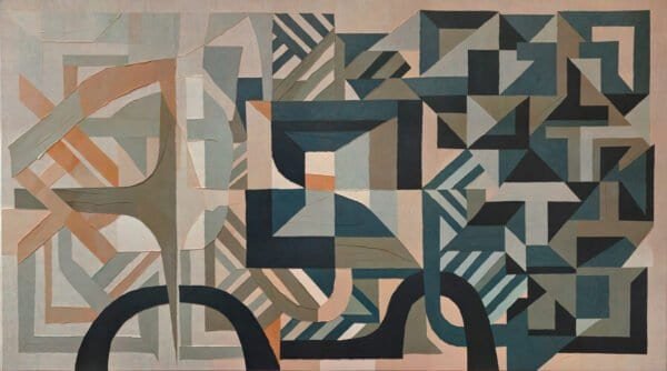 Mural ilustrado abstracto geométrico con líneas, arcos y triángulos en tonos verdes, azules y terracota - Alchemyst