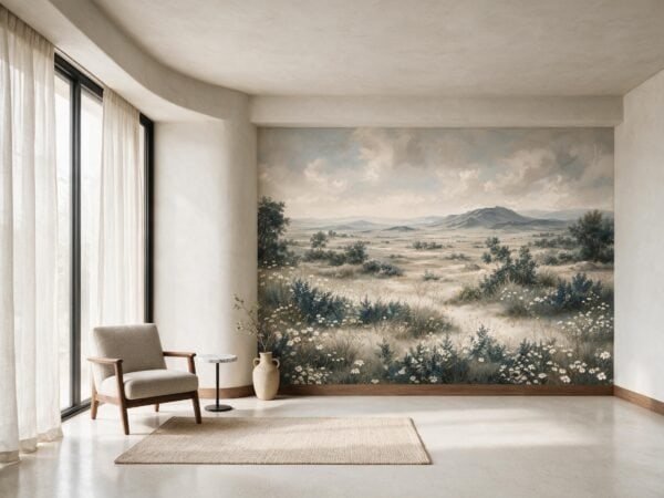 Mural ilustrado de paisaje de campo sereno con flores blancas y montañas en tonos azulados - Alchemyst