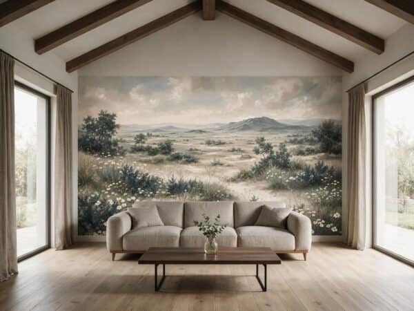 Mural ilustrado de paisaje de campo sereno con flores blancas y montañas en tonos azules en living - Alchemyst
