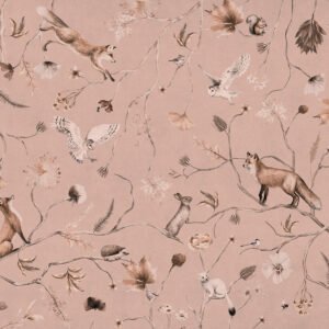 Murales con motivos de animales y plantas en tonos rosa y beige.