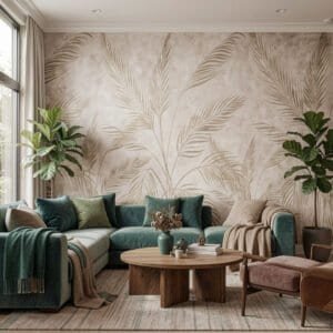 Mural ilustrado con motivo de hojas de palma en tonos beige en living - Alchemyst