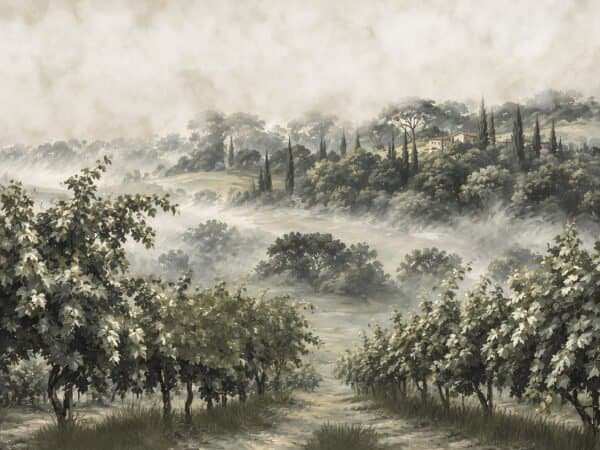 Mural ilustrado de viñedos con niebla y casa de campo en tonos verdes - Alchemyst