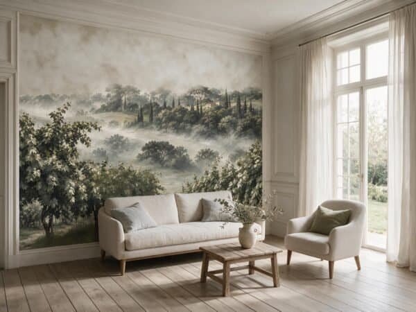 Mural ilustrado de colinas con viñedos y niebla en tonos verdes en living - Alchemyst