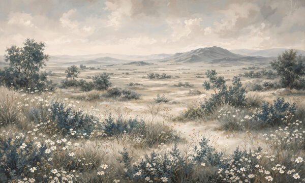 Mural ilustrado de paisaje de campo con flores blancas y montañas en tonos grises - Alchemyst