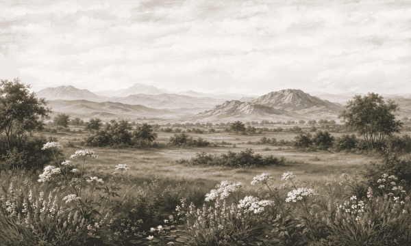 Mural ilustrado de paisaje de campo con flores blancas y montañas en tonos sepia - Alchemyst