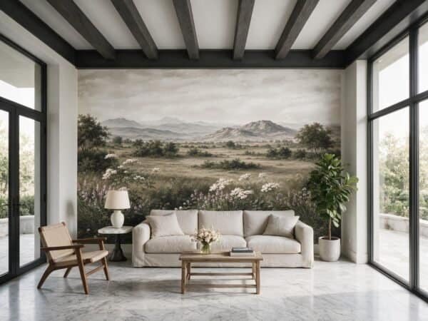 Mural ilustrado de paisaje de campo con flores blancas y montañas en tonos grises en living - Alchemyst