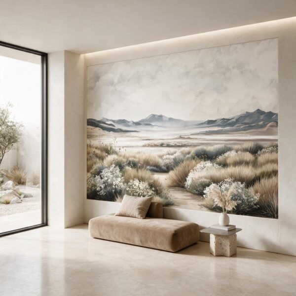 Mural ilustrado de paisaje de estepa patagónica con montañas y pastizales en tonos grises en living - Alchemyst