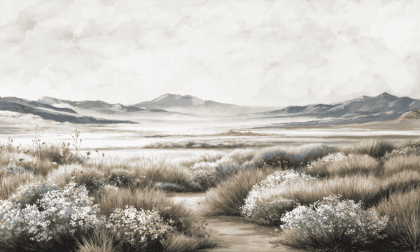 Mural ilustrado de paisaje de estepa patagónica con montañas y flores blancas en tonos grises - Alchemyst