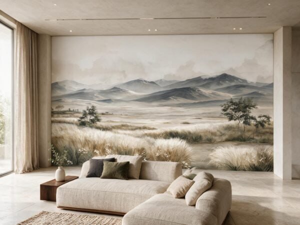 Mural ilustrado de paisaje de estepa con montañas, pastizales y árboles en tonos grises en living - Alchemyst