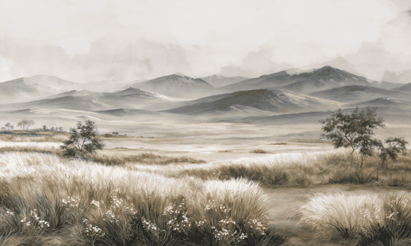 Mural ilustrado de paisaje de estepa con montañas y árboles en tonos grises - Alchemyst
