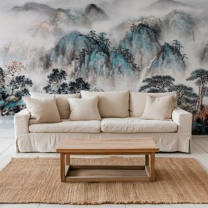 Mural ilustrado de paisaje japonés con montañas, niebla y pinos en tonos azules en living - Alchemyst