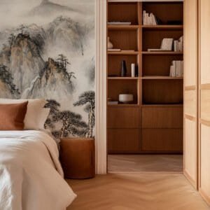 Mural ilustrado de paisaje japonés con montañas y pinos en tonos sepia en dormitorio - Alchemyst