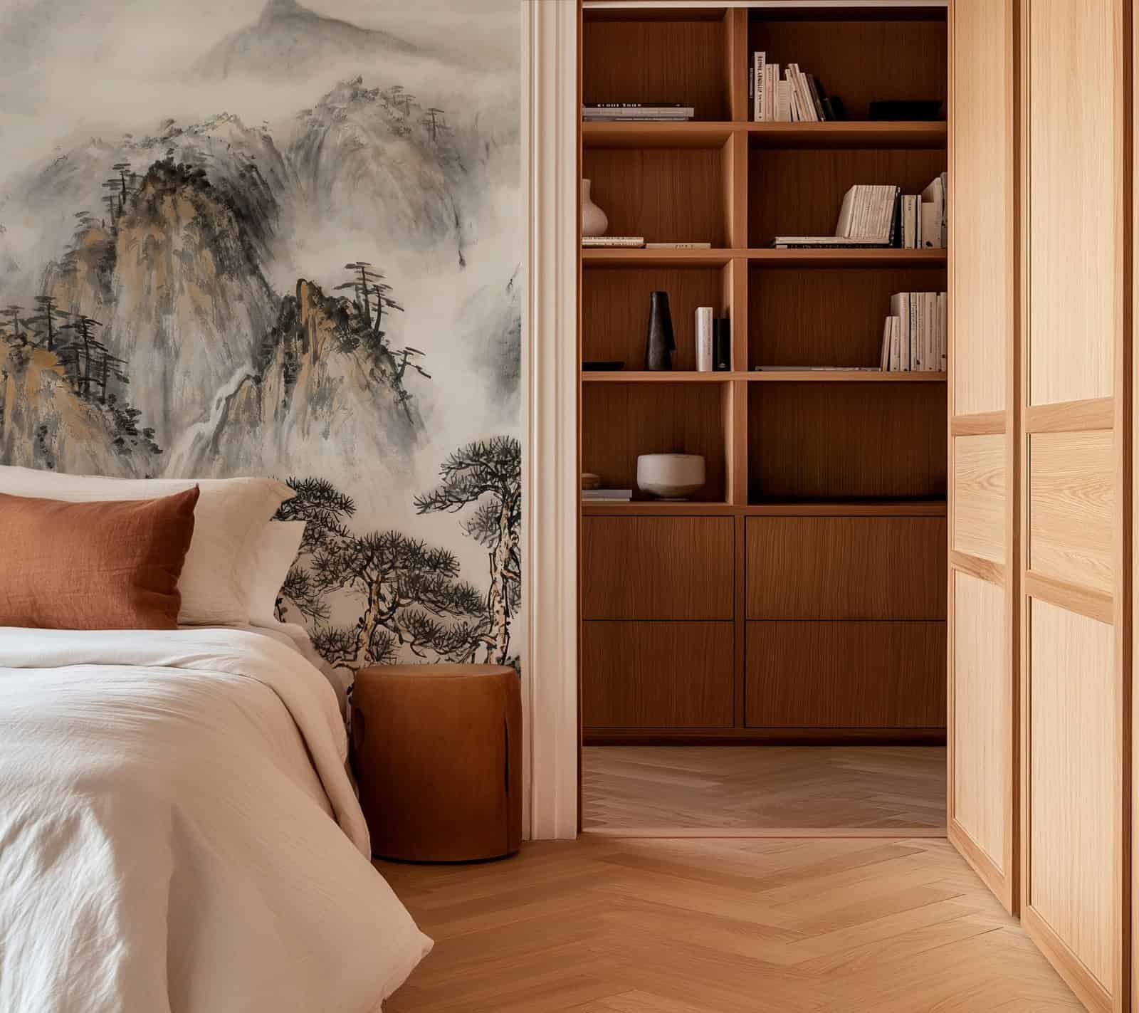 japan 2 amb Mural ilustrado de paisaje japonés con montañas y pinos en tonos sepia en dormitorio - Alchemyst